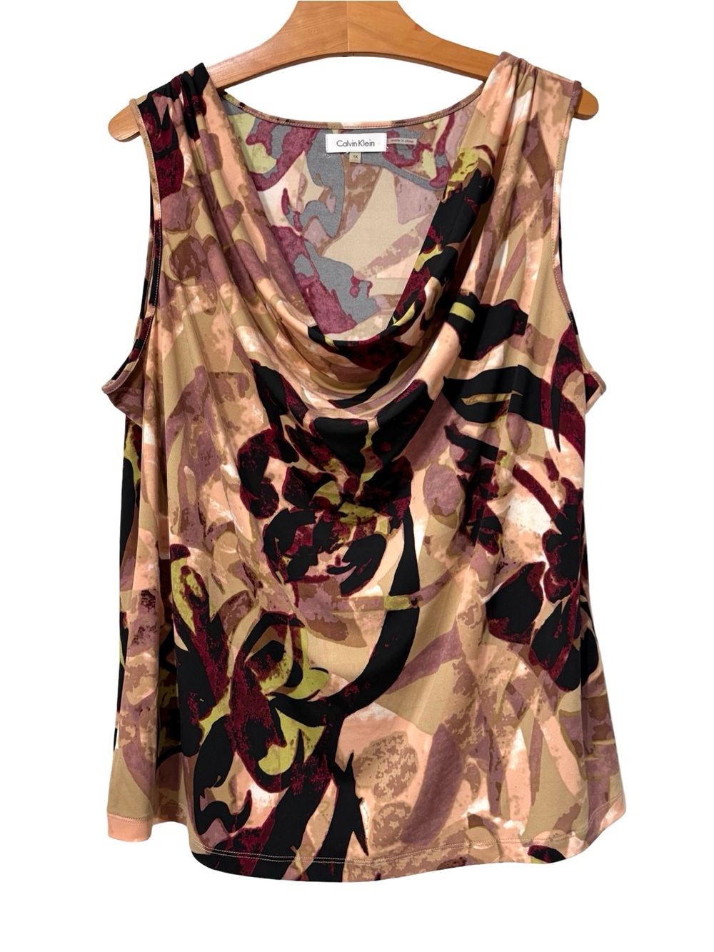 Calvin Klein 1X Cowl Neck Sleeveless Shell Top Abstract Floral